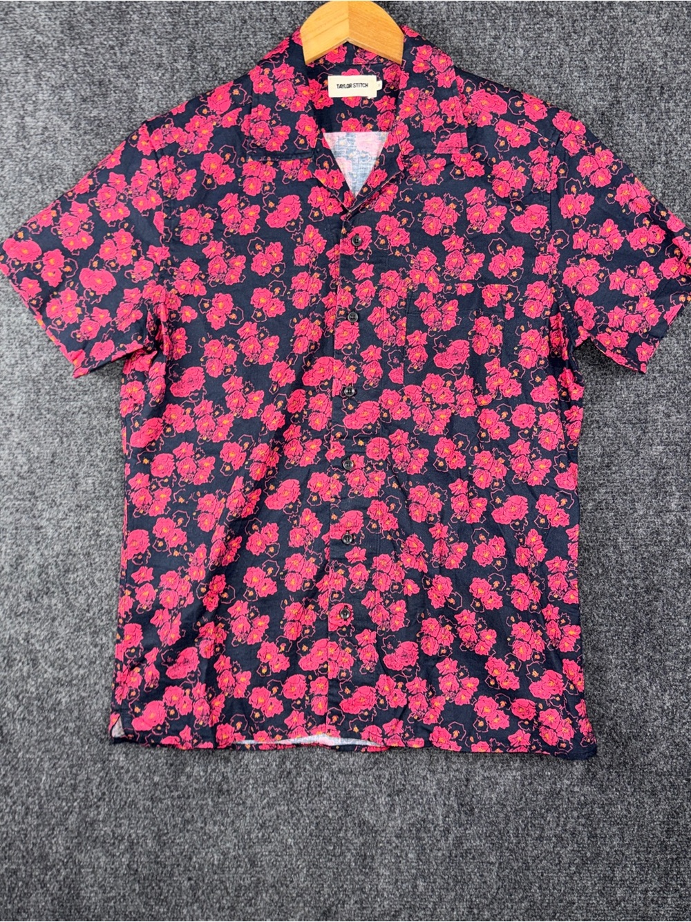 Taylor Stitch Shirt Mens 38 Blue Floral Linen Cotton Short Sleeve Button Front